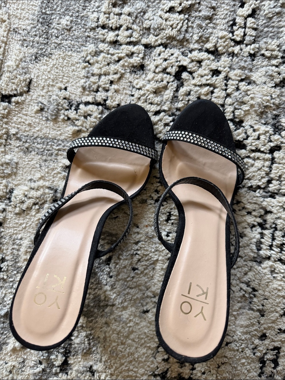 Yoki Black Slingback Heels with Rhinestone Strap